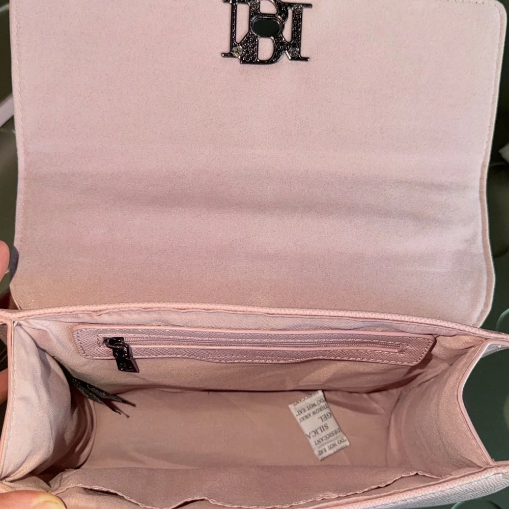 BADGLEY MISCHKA Blush Pink Studded Crossbody Bag with Chain and Logo Lock